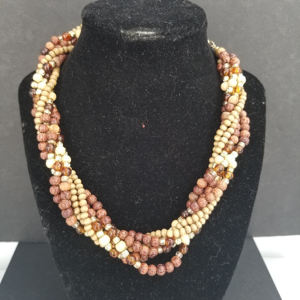 Napier Vintage Multi Strand Brown Tan Wooden and Glass Bead Necklace
